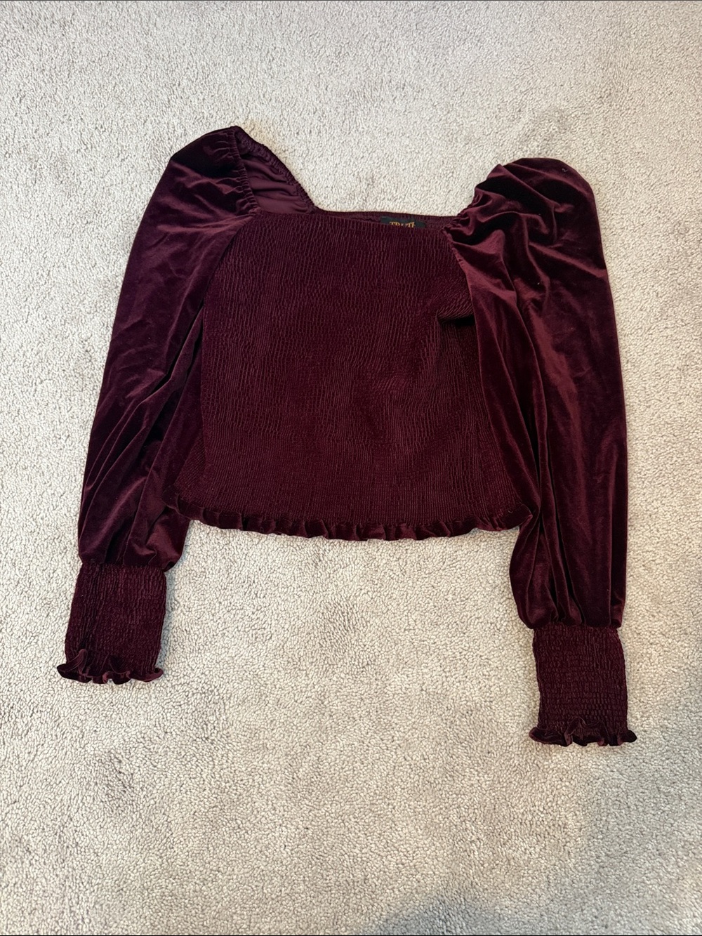 Velvet Puff-Sleeve Smocked Blouse - Deep Burgundy - Picture 1 of 2